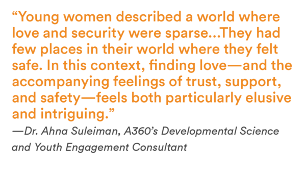 “Young women described a world where love and security were sparse...They had few places in their world where they felt safe. In this context, finding love—and the accompanying feelings of trust, support, and safety—feels both particularly elusive and intriguing.” —Dr. Ahna Suleiman, A360’s Developmental Science and Youth Engagement Consultant