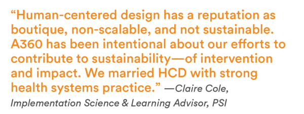 “Human-centered design has a reputation as boutique, non-scalable, and not sustainable. A360 has been intentional about our efforts to contribute to sustainability—of intervention and impact. We married HCD with strong health systems practice.” —Claire Cole, Implementation Science & Learning Advisor, PSI