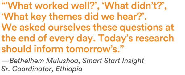 “What worked well? What didn’t? What key themes did we hear?’ We asked ourselves these questions at the end of every day. Today’s research should inform tomorrow’s.” —Bethelhem Mulushoa, Smart Start Insight Sr. Coordinator, Ethiopia