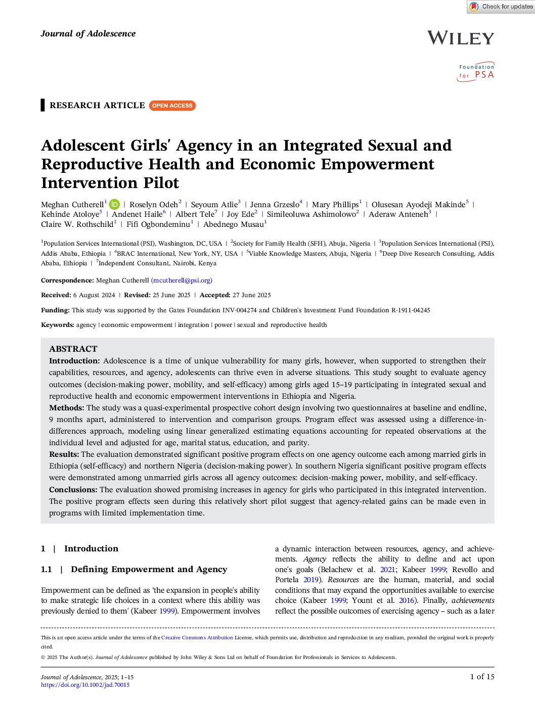 Journal of Adolescence - 2025 - Cutherell - Adolescent Girls Agency in an Integrated Sexual and Reproductive Health and