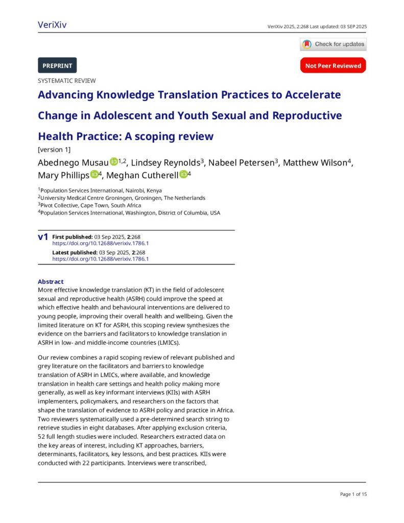 Advancing Knowledge Translation Practices to Accelerate Change in Adolescent and Youth Sexual and Reproductive Health Practice: A scoping review 1 Advancing Knowledge Translation FINAL 1 pdf