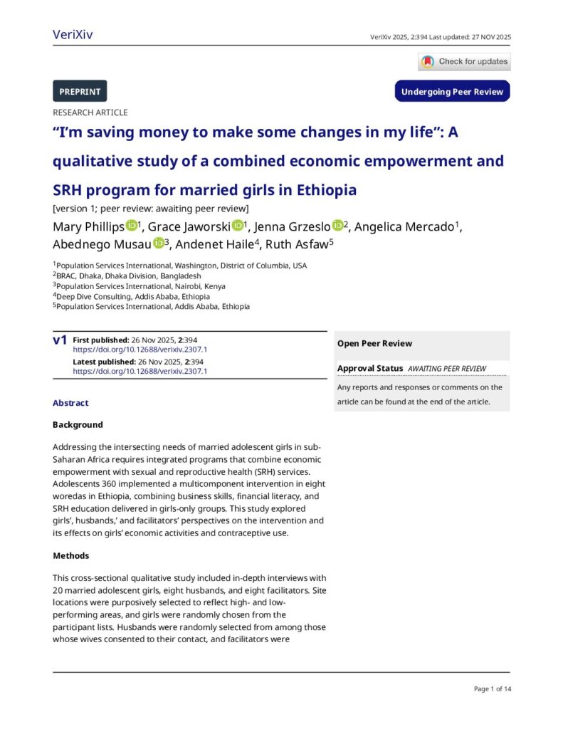 "I'm saving money to make some changes in my life": A qualitative study of a combined economic empowerment and SRH program for married girls in Ethiopia 1 Ethiopia ES Pilot Qual Paper FINAL 1 pdf